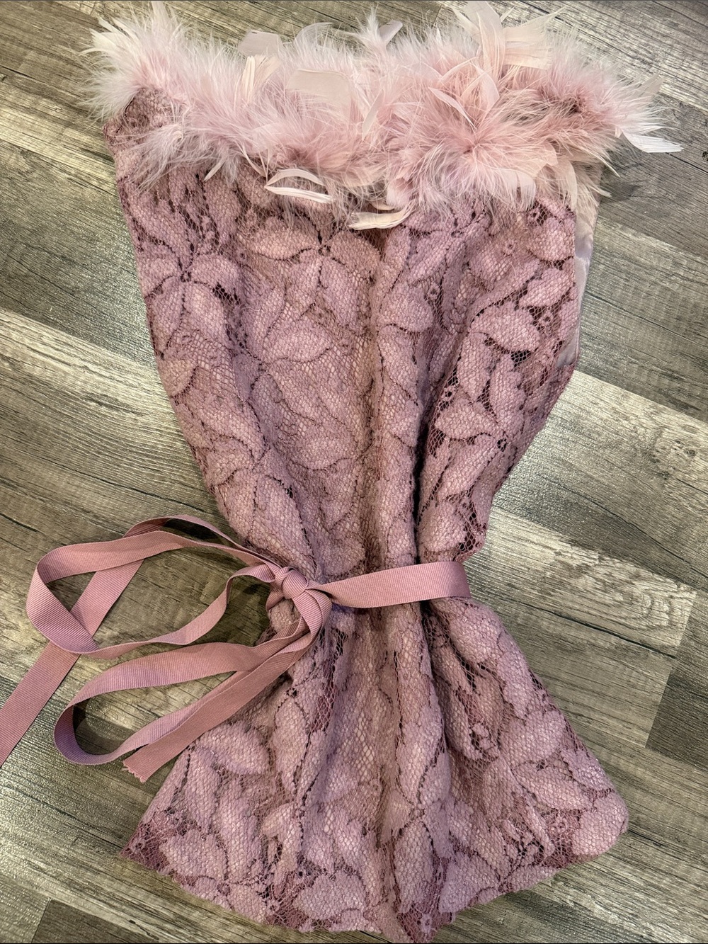 Moiselle USA 0 Pink Lace Feather Trim Robe Tie-Waist Cover